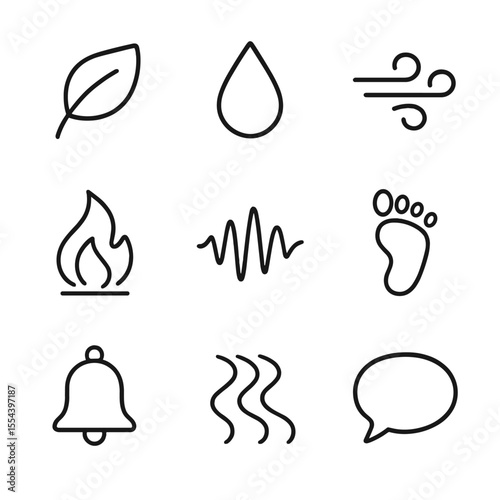 Ambient Sound Icons. Outline icon set of ambient game soundscapes: nature leaf, raindrop, wind swirl, crackling fire, echo wave,
