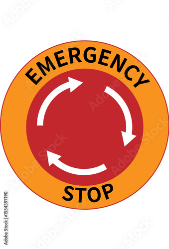 A round emergency stop button with an orange outer ring, a red center, and white rotating arrows, labeled "EMERGENCY STOP".