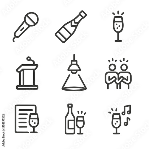 Anniversary Toast Icons. Outline icon set of anniversary toasts and speeches: speech microphone, champagne bottle, raised glass,