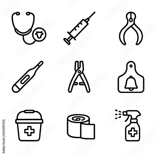 Cattle Health Icon Set. Outline icon set of cattle health equipment: stethoscope, vaccination syringe, hoof trimming tool,