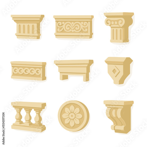 Architectural Icon Set. Isometric Flat icon set of facade ornamentation: cornice, frieze, pilaster, decorative molding, lintel,