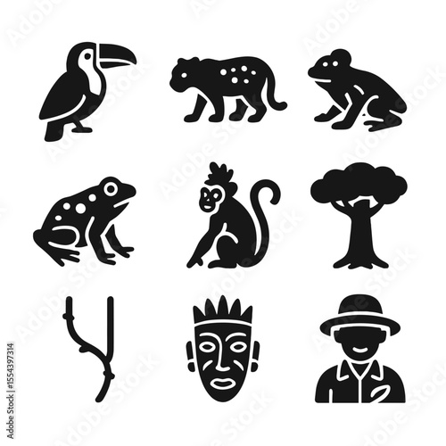 Rainforest Animal Icons. Solid, filled icons set of rainforest animals: toucan, jaguar, sloth, poison frog,