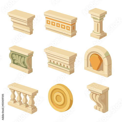 Architectural Icon Set. Isometric Flat icon set of facade ornamentation: cornice, frieze, pilaster, decorative molding, lintel,