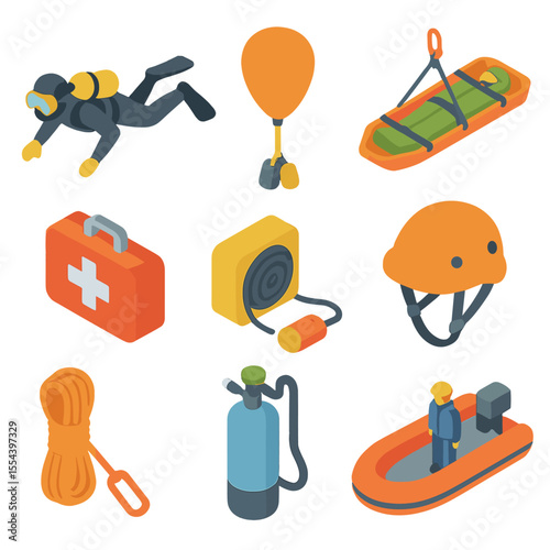 Cave Rescue Icons. Isometric Flat icon set of cave rescue and emergency response: rescue diver, lift bag, patient stretcher,