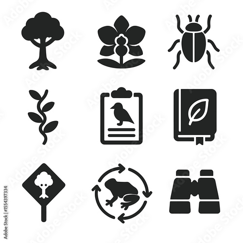 Rainforest Biodiversity Icons. Solid, filled icons set of rainforest biodiversity protection: canopy tree,