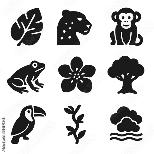 Rainforest Icon Set. Solid, filled icons set of rainforest and jungle habitats: tropical leaf, jaguar icon,