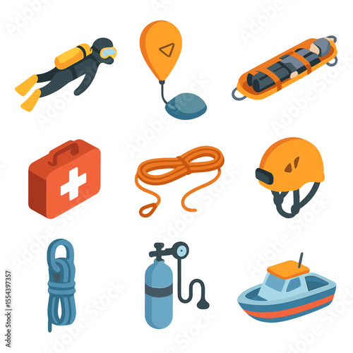 Cave Rescue Icons. Isometric Flat icon set of cave rescue and emergency response: rescue diver, lift bag, patient stretcher,