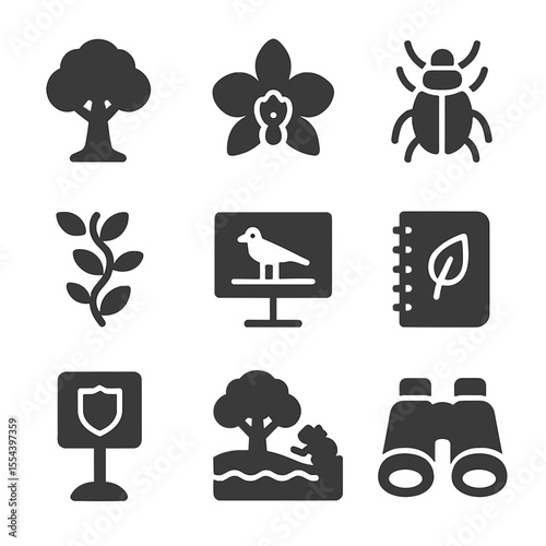 Rainforest Biodiversity Icons. Solid, filled icons set of rainforest biodiversity protection: canopy tree,