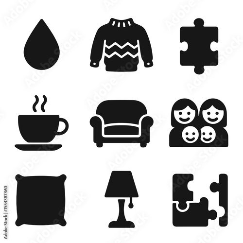 Rainy Day Icons. Solid, filled icons set of rainy day family fun: raindrop icon, cozy sweater, puzzle icon,