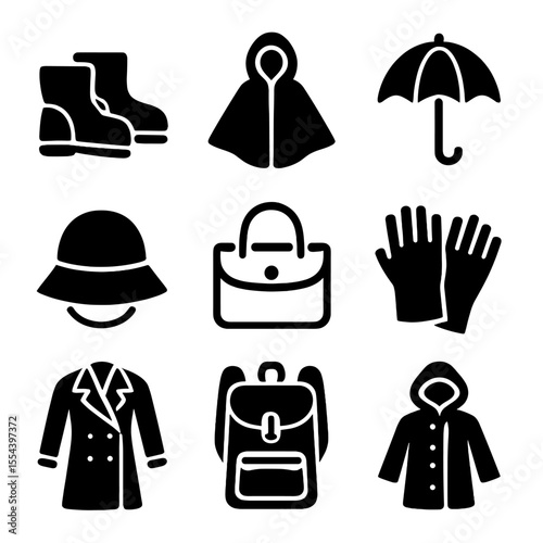 Rainy Day Fashion Icons. Solid, filled icons set of rainy day fashion: waterproof boots, rain poncho, umbrella
