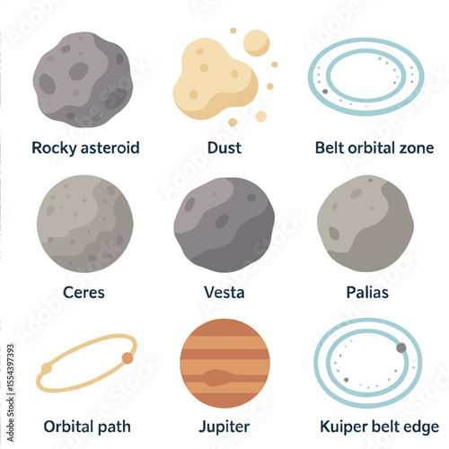 Asteroid Belt Icons. Isometric Flat icon set of asteroid belt region: rocky asteroid, dust particle, belt orbital zone, Ceres