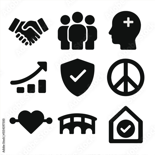 Rebuilding Trust Icons. Solid, filled icons set of rebuilding trust and connections: handshake icon, group