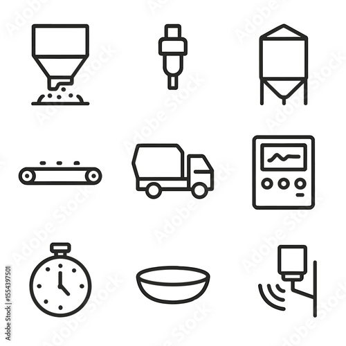 Automated Feeding Icons. Outline icon set of automated feeding and watering: feed dispenser, water nipple drinker, silo, conveyor