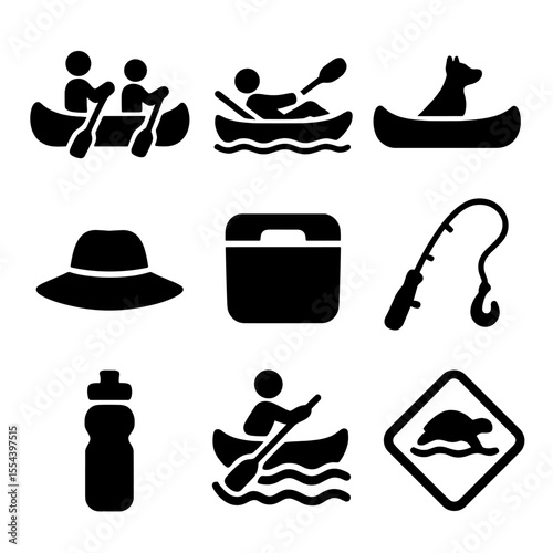 Recreational Paddling Icons. Solid, filled icons set of recreational paddling: family canoe, relaxing pose,