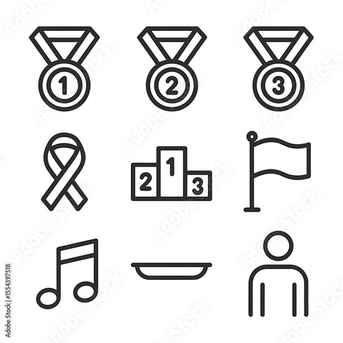 Award Ceremony Icons. Outline icon set of medal awards ceremony: gold medal, silver medal, bronze medal, ribbon loop, award stand,