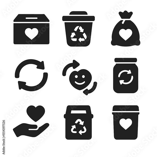 Recycling Donation Icons. Solid, filled icons set of recycling and donation: donate box, recycle bin, charity