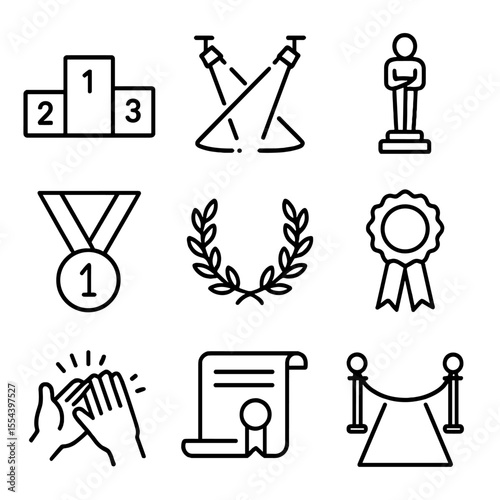 Award Ceremony Icons. Outline icon set of award ceremony congratulations: podium, spotlight, trophy statue, medal, laurel wreath,