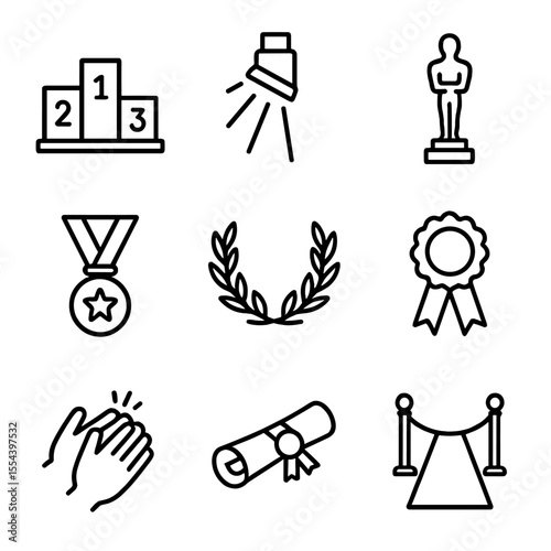 Award Ceremony Icons. Outline icon set of award ceremony congratulations: podium, spotlight, trophy statue, medal, laurel wreath,