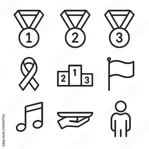 Award Ceremony Icons. Outline icon set of medal awards ceremony: gold medal, silver medal, bronze medal, ribbon loop, award stand,