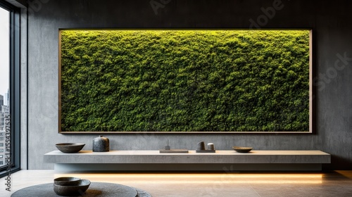 Contemporary wall art featuring a large framed moss display.