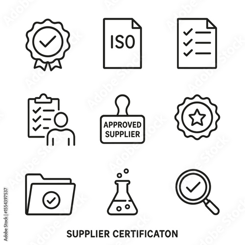 Certification Icons Grid. Outline icon set of supplier certification: certification badge, ISO document, audit checklist, auditor