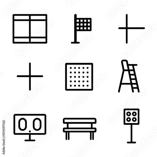 Badminton Icon Set. Outline icon set of Badminton Court Elements: court boundary lines, net post, service line, center line, court