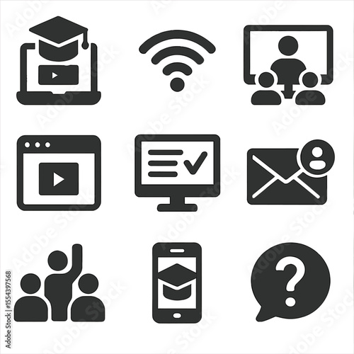 Remote Education Icons. Solid, filled icons set of remote education features: e-learning icon, connection