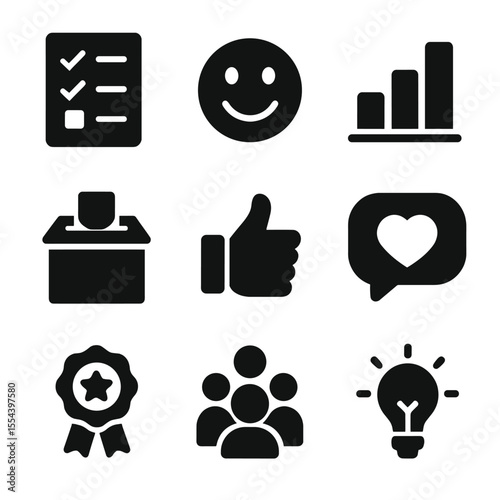 Remote Engagement Icons. Solid, filled icons set of remote employee engagement: survey form, happy face, poll
