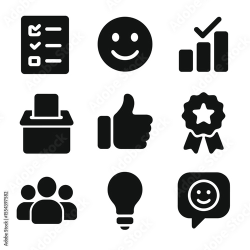 Remote Engagement Icons. Solid, filled icons set of remote employee engagement: survey form, happy face, poll