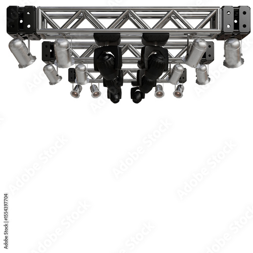 featuring a rectangular metal framework supporting numerous adjustable spotlights and cylindrical components.  The system appears designed for professional stage or studio use