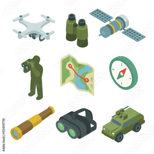 Battlefield Recon Icons. Isometric Flat icon set of battlefield reconnaissance planning: drone, binoculars, satellite, scout