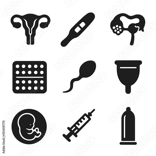 Reproductive Health Icons. Solid, filled icons set of reproductive health: uterus, pregnancy test, ovary,