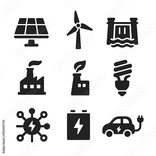 Renewable Energy Icons. Solid, filled icons set of renewable energy technologies: solar panel, wind turbine,