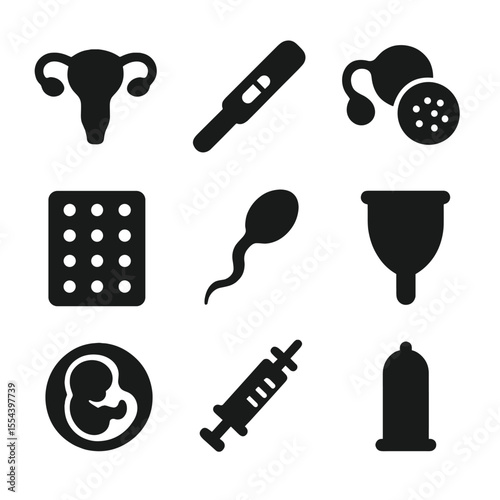 Reproductive Health Icons. Solid, filled icons set of reproductive health: uterus, pregnancy test, ovary,