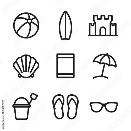 Beach Day Icons. Outline icon set of Beach Day: beach ball, surfboard, sandcastle, seashell, beach towel, sun umbrella, bucket and