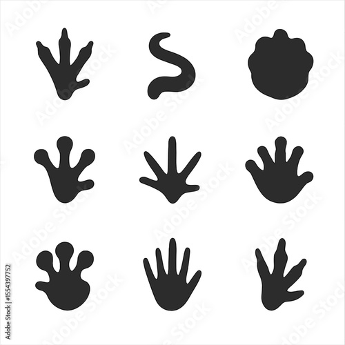Reptile Footprints Icons. Solid, filled icons set of reptile and amphibian footprints: lizard claw, snake