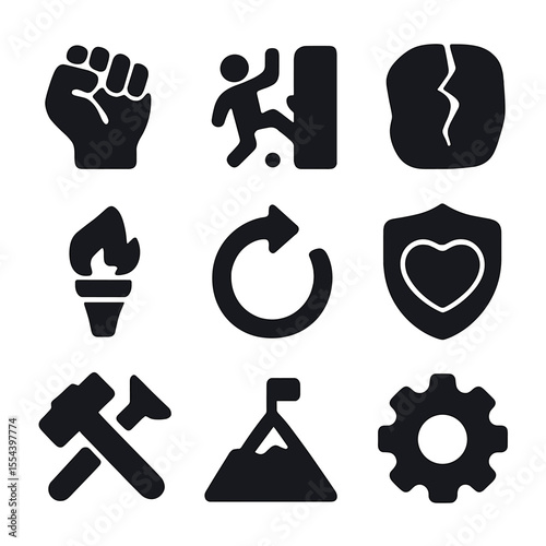 Resilience and Persistence Icons. Solid, filled icons set of resilience and persistence: clenched fist, wall