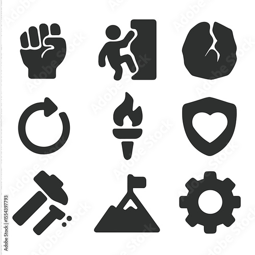 Resilience and Persistence Icons. Solid, filled icons set of resilience and persistence: clenched fist, wall