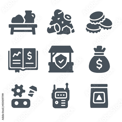 Resource Trading Icons. Solid, filled icons set of resource trading hubs: barter table, scrap pile, bottle
