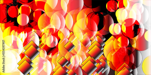 Vibrant abstract background with layered circles and diamond shapes in red, yellow, black, and white gradient tones.