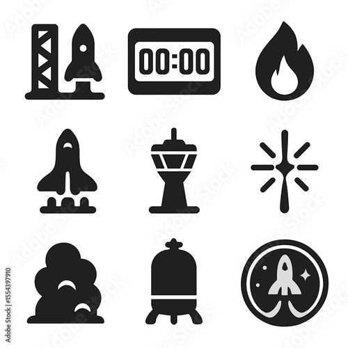 Rocket Launch Icons. Solid, filled icons set of rocket launches: launch pad, countdown timer, rocket flame,