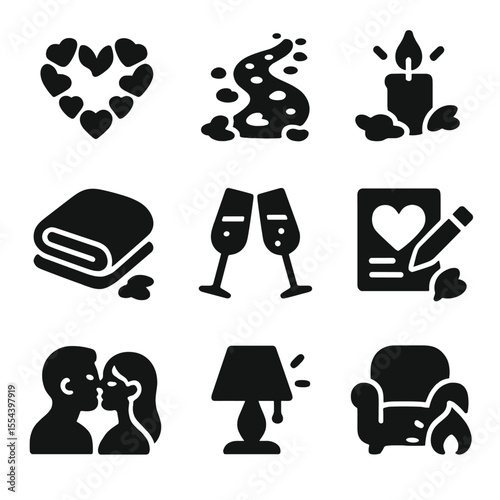 Romantic Gesture Icons. Solid, filled icons set of romantic gestures with flower petals: rose petal heart,