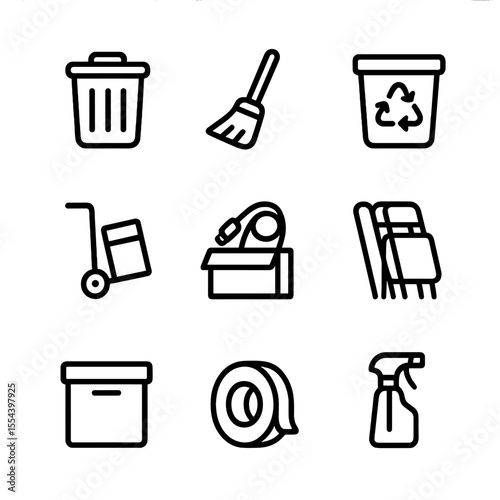 Cleanup Icon Set. Outline icon set of cleanup and teardown: trash bin, broom, recycling bin, dolly cart, box of cables, folded