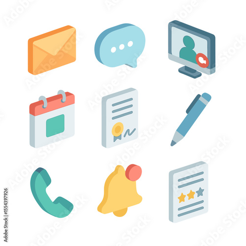 Client Communication Icons. Isometric Flat icon set of client communication: email envelope, chat bubble, video call screen,