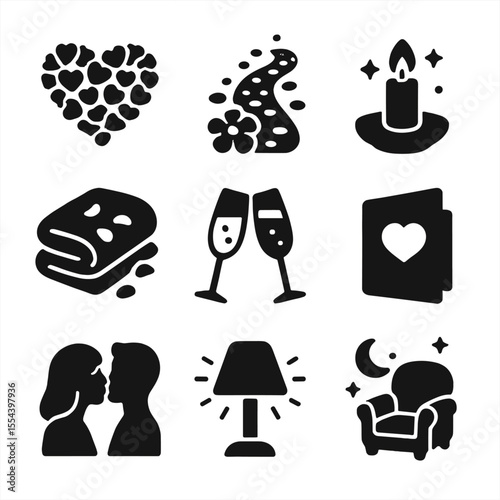 Romantic Gesture Icons. Solid, filled icons set of romantic gestures with flower petals: rose petal heart,