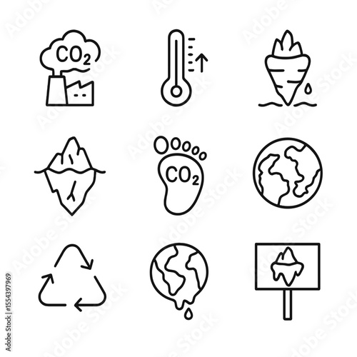 Climate Change Icons. Outline icon set of climate change and icebergs: greenhouse gas, rising thermometer, carrot iceberg