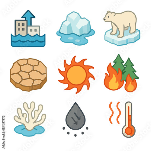 Climate Change Icons. Isometric Flat icon set of climate change effects: rising sea level icon, melting glacier, polar bear on ice