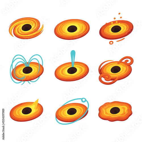 Black Hole Icons. Isometric Flat icon set of black hole and accretion disk: swirling gas ring, glowing disk, infalling matter,