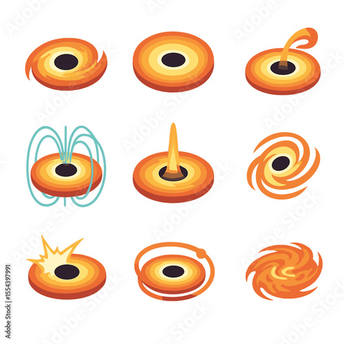 Black Hole Icons. Isometric Flat icon set of black hole and accretion disk: swirling gas ring, glowing disk, infalling matter,