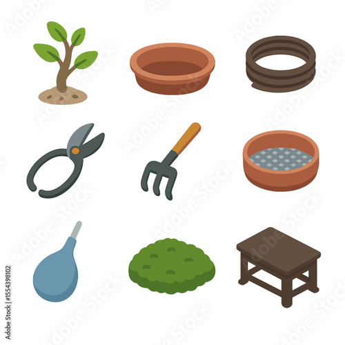 Bonsai Tools Icons. Isometric Flat icon set of bonsai cuttings training: bonsai cutting, bonsai pot, wire training set, pruning